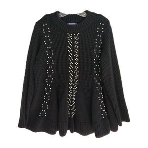 Roaman's Sweater Women's 14/16 Black Pearl Accents Cable Knit Pullover Crew